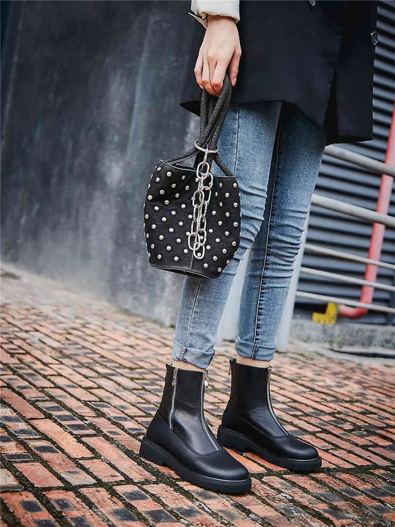 Stivaletti Autunnali Da Donna In Vera Pelle Naturale Piatto Corto Cerniera Punta Tonda Scarpe Da Donna Inverno Nero Taglia 33 41 210517 Da 57 45 DHgate