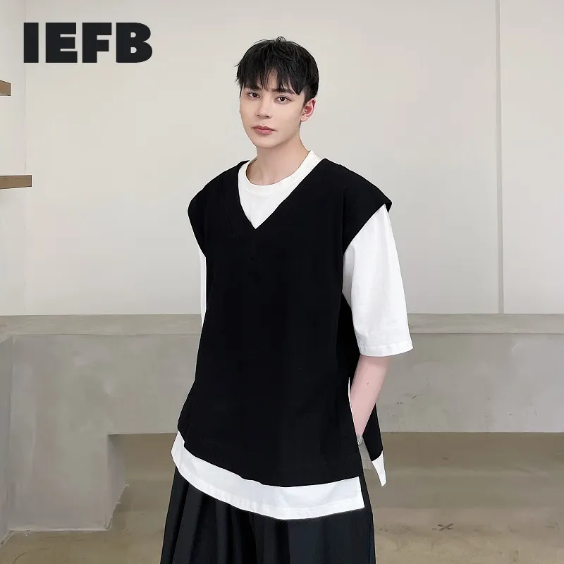 IEFB Men's Summer Clothing Color Contrast Fake Two Pieces Cool Trend Round Neck Short Sleeve T-shirt Loose Causal Tee Top 9Y7048 210524