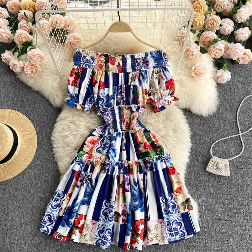 Summer Fashion Vestidos Women's Color Matching Printed Word Collar Puff Sleeve Mini Dress with Wooden Ears GK720 210506