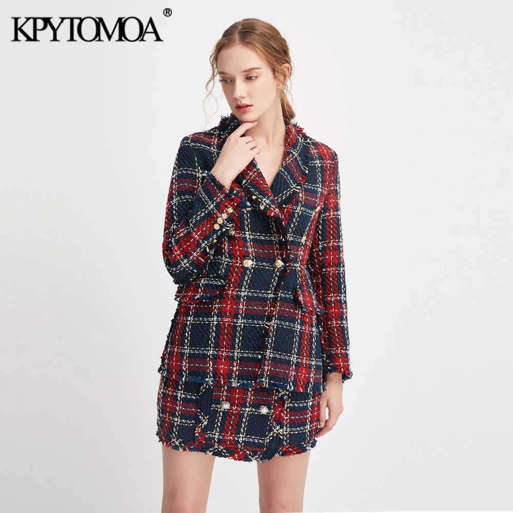 KPYTOMOA Femmes 2021 Mode Double Boutonnage Effiloché Vérifier T Blazers Manteau Femmes Vintage À Manches Longues Femme Survêtement Chic Tops X0721