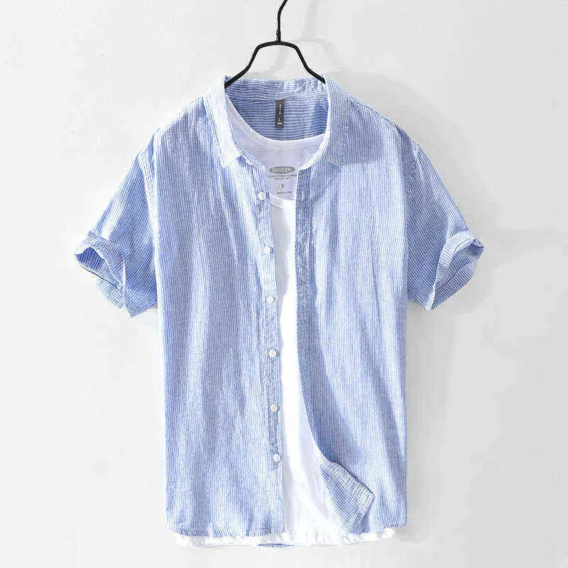 783 새로운 여름 남성 셔츠 줄무늬 단색 컬러 코튼 린넨 스퀘어 칼라 반팔 느슨한 캐주얼 청소년 남성 최고 티셔츠 H1218