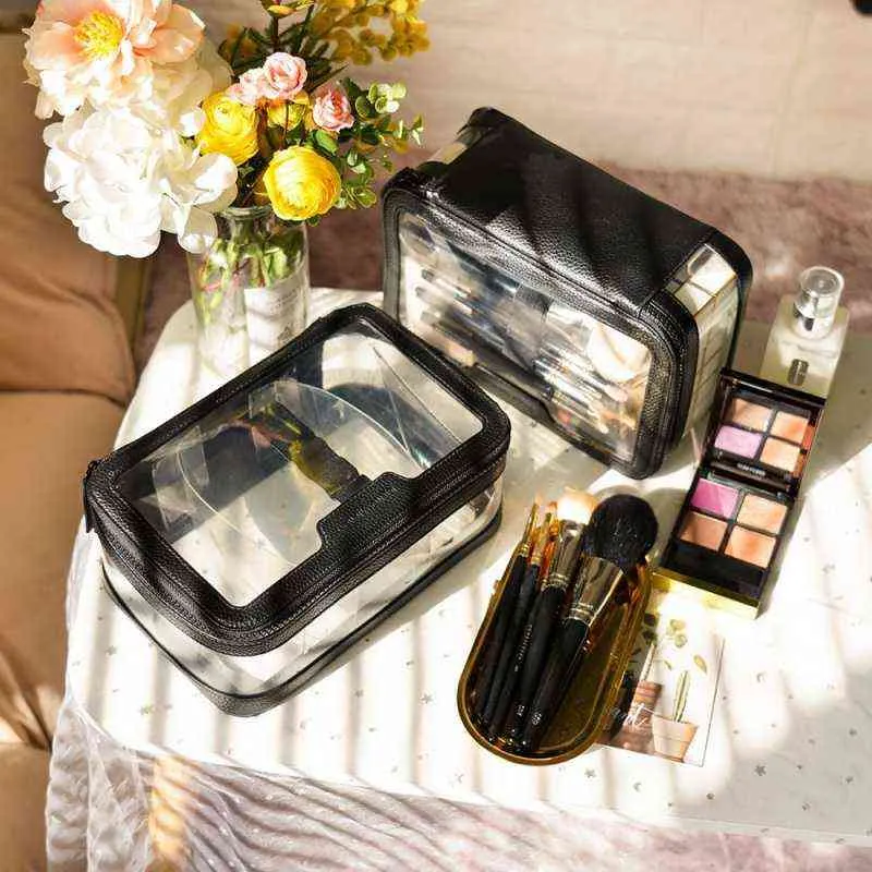 Nxy Cosmetic Bags Rownyeon Оптовая роскошь Пользовательские Черные четкие ПВХ пластиковый Zip Makeup Bag Case 220303