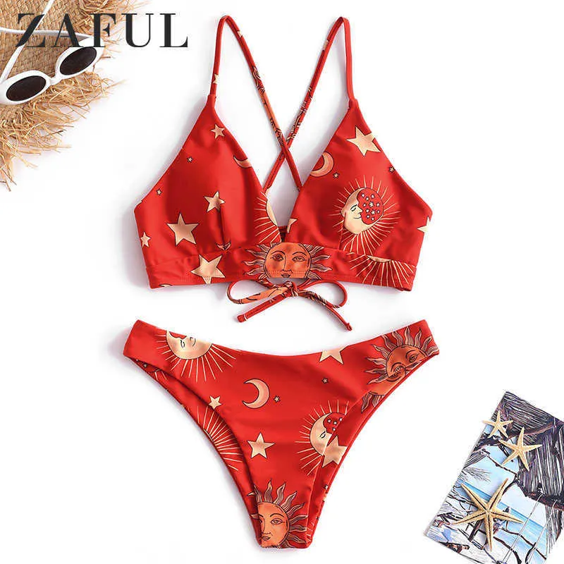 Zaful Star Sun Moon Lace Up Bikini Set Spaghetti Straps Wire Free Swim Suit Women Summer Bathing Suit High Cut Padded Swimwear Y0820