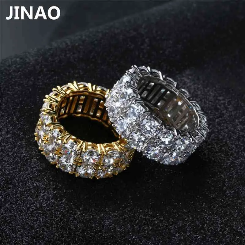 JINAO Neues Design, goldfarben, silberfarben plattiert, mit Mikrogepflastert, 2-reihige Kette, großer Zirkon, glänzender Hip-Hop-Fingerring für Männer und Frauen