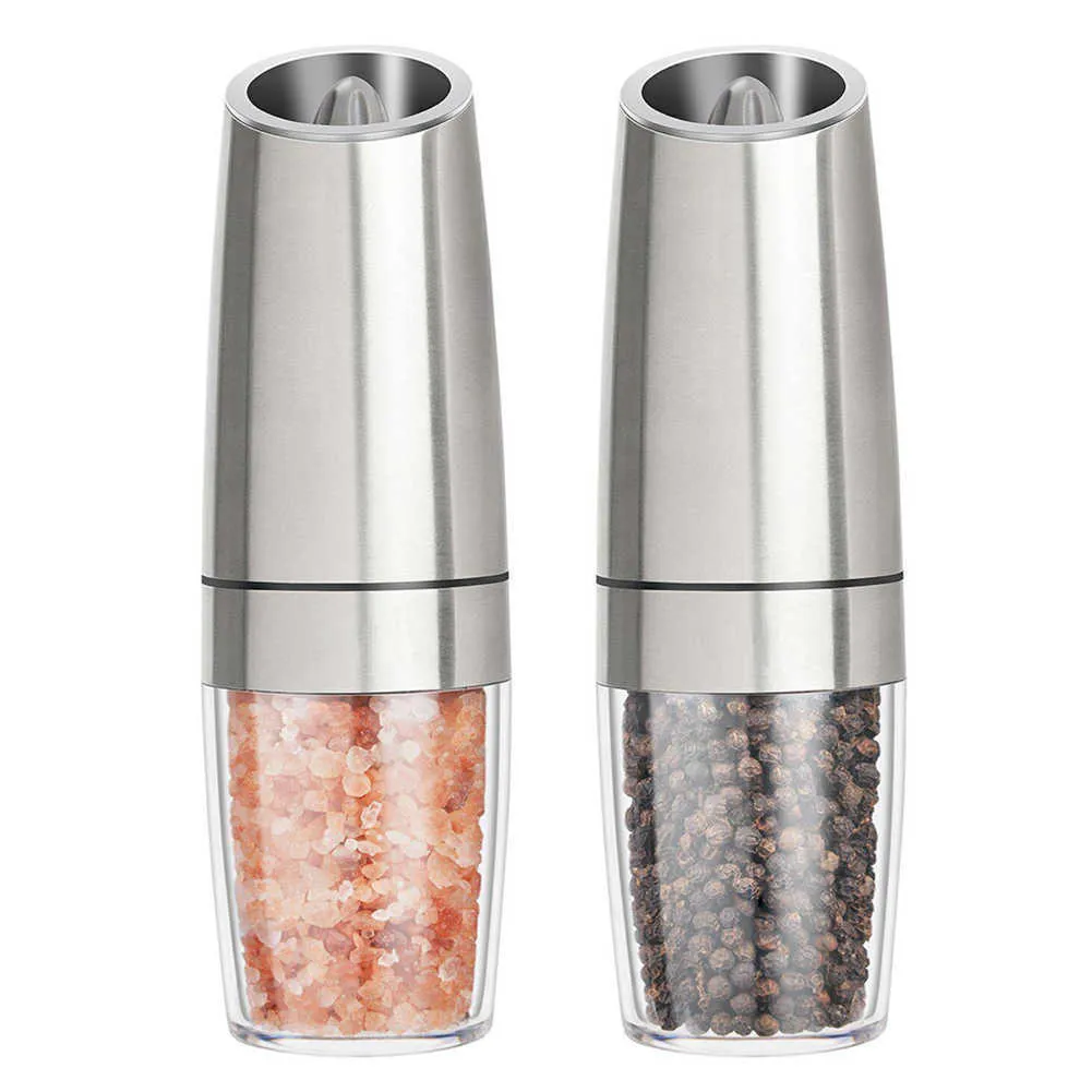 2st / set Electric Pepper Mill Rostfritt stål Automatisk Gravity Induktion Salt och kvarn Kök Spice Slipverktyg 210713