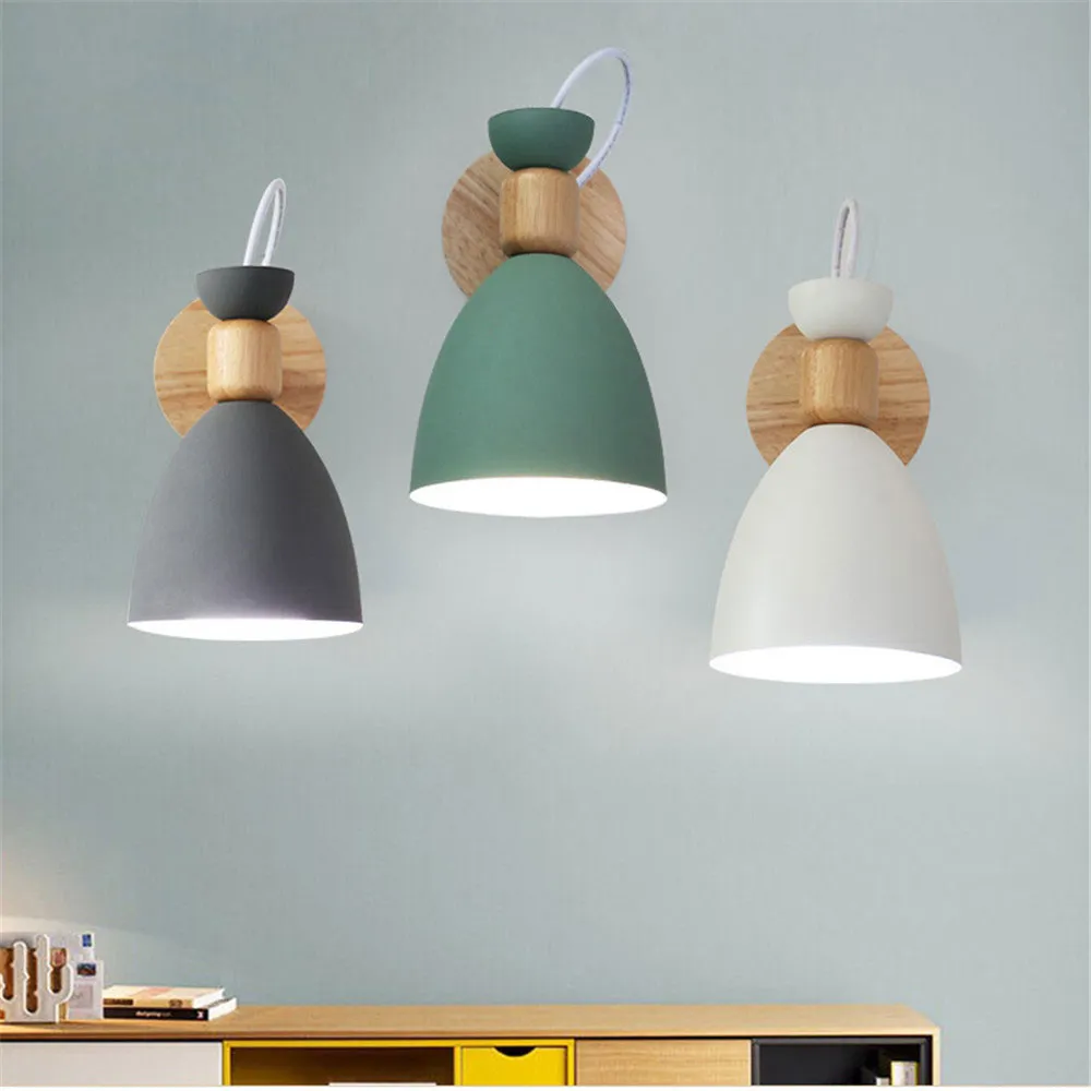 Nordic Creative Simple Wood Wall Lamp Colorful E27 Lighting Fixture Living Room Staircase Hotel Aisle Bedroom Bedside Sconce
