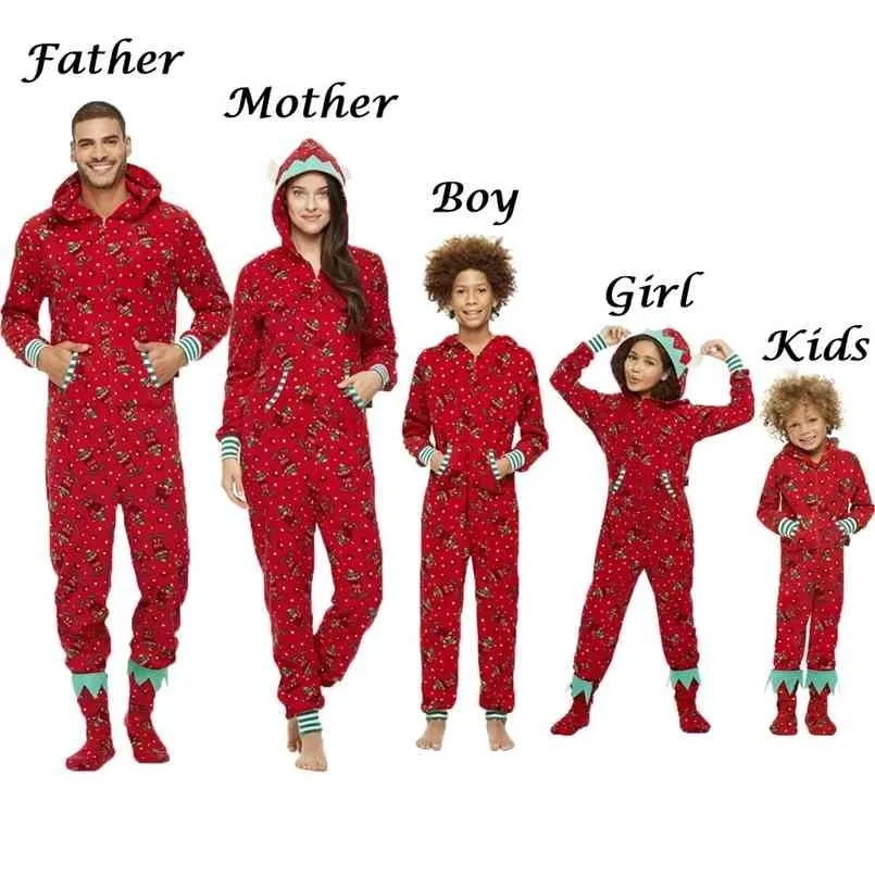 Rodzina Dopasowanie Christmas Pajamas Romper Kombinezon Kobiety Mężczyźni Dziecko Dzieci Czerwony Drukuj Xmas Boże Narodzenie Boże Narodzenie Nodawki Z Kapturem Zipper stroje 210724