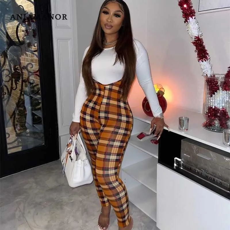 ANJAMANOR Sexy Plaid 2 Piece Sets Womens Going Out Outifts To The Club Cute Jumpsuits for Women Long Sleeve Top Pants D63-CH40 Y0625