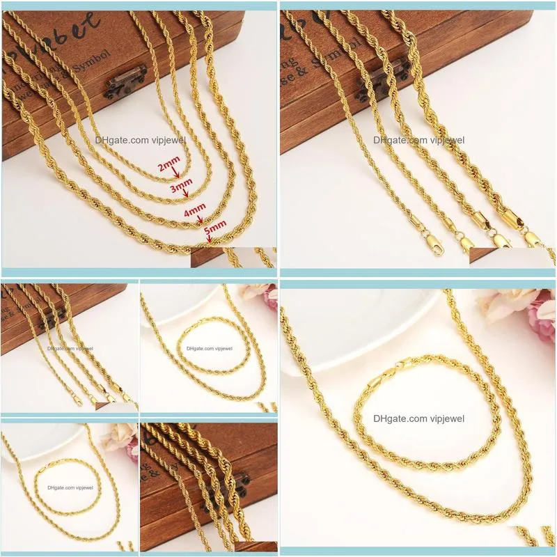 24k Gold color Filled Necklace Chain for Men and Women Necklace Bracelet Gold rope Chain High Quality