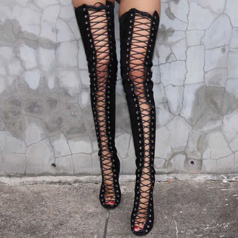 Shoes Women Thigh High Boots Long Western Boots 2021 Spring Summer Boots Peep Toe High Heels Sexy Cross-tired Black Summer Shoes Y0914