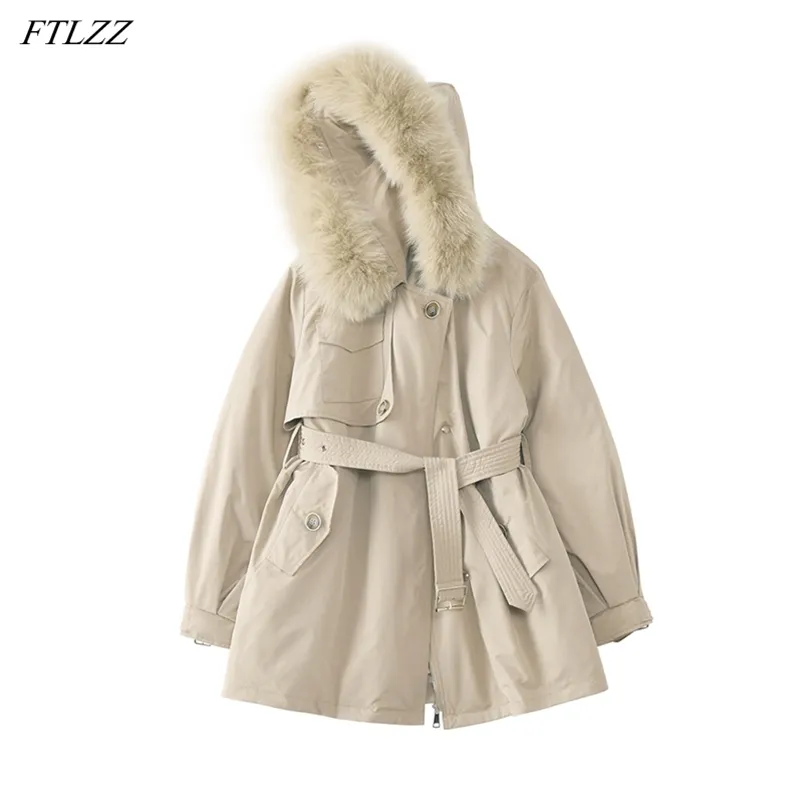 冬の女性の大きな毛皮の襟フード付きパーカーMIDI長い厚さ暖かいコートホワイトアヒル、調節可能なウエスト210430