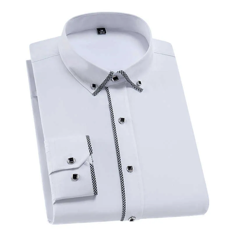 Men Fashion Shirts Long Sleeve Patchwork White Smart Casual Workwear Regular Fit Male Formal Office Dress Shirts Camisas 210609