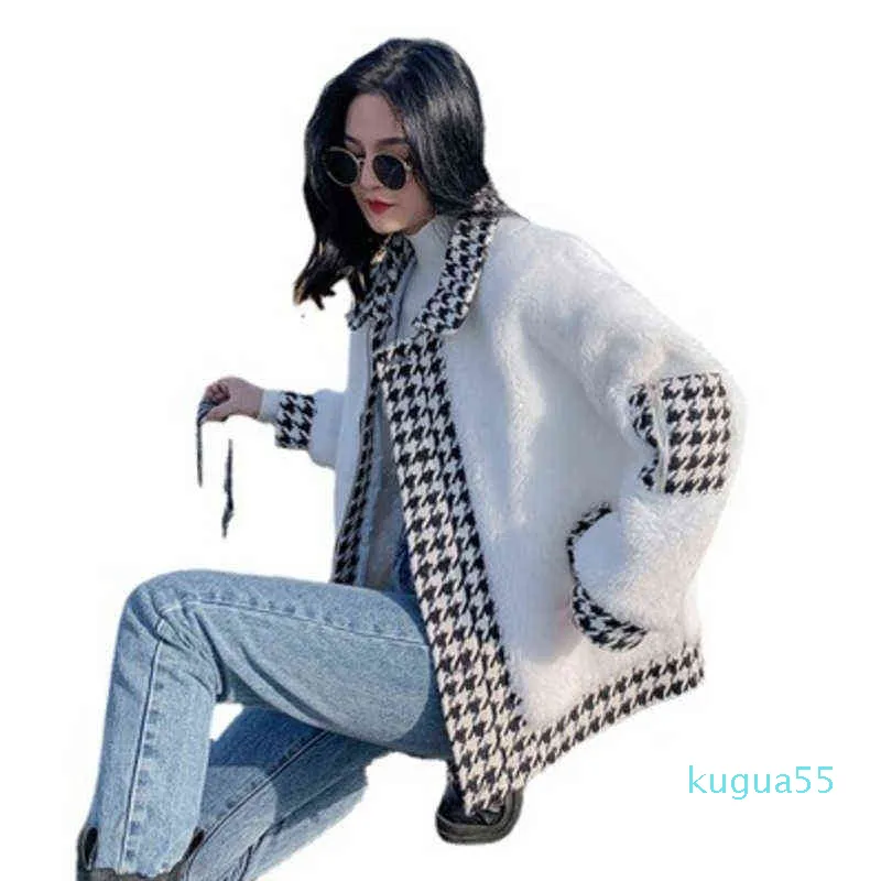 2021 Ladies Fashion Style Cotton Jacket Autumn Winter Loose Coat With Fur, One-piece Splicing Lamb Plush Short Women Korean Y1217