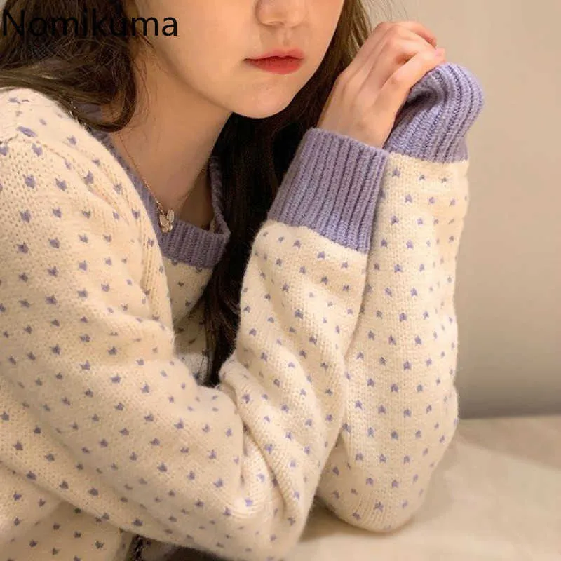 Nomikuma Koreansk Sweet Dot Kvinnor Pullover Tröja Hit Färg Långärmad O-Hals Stickade Toppar 2020 Höst Vinter Pull Femme 6c981 x0721