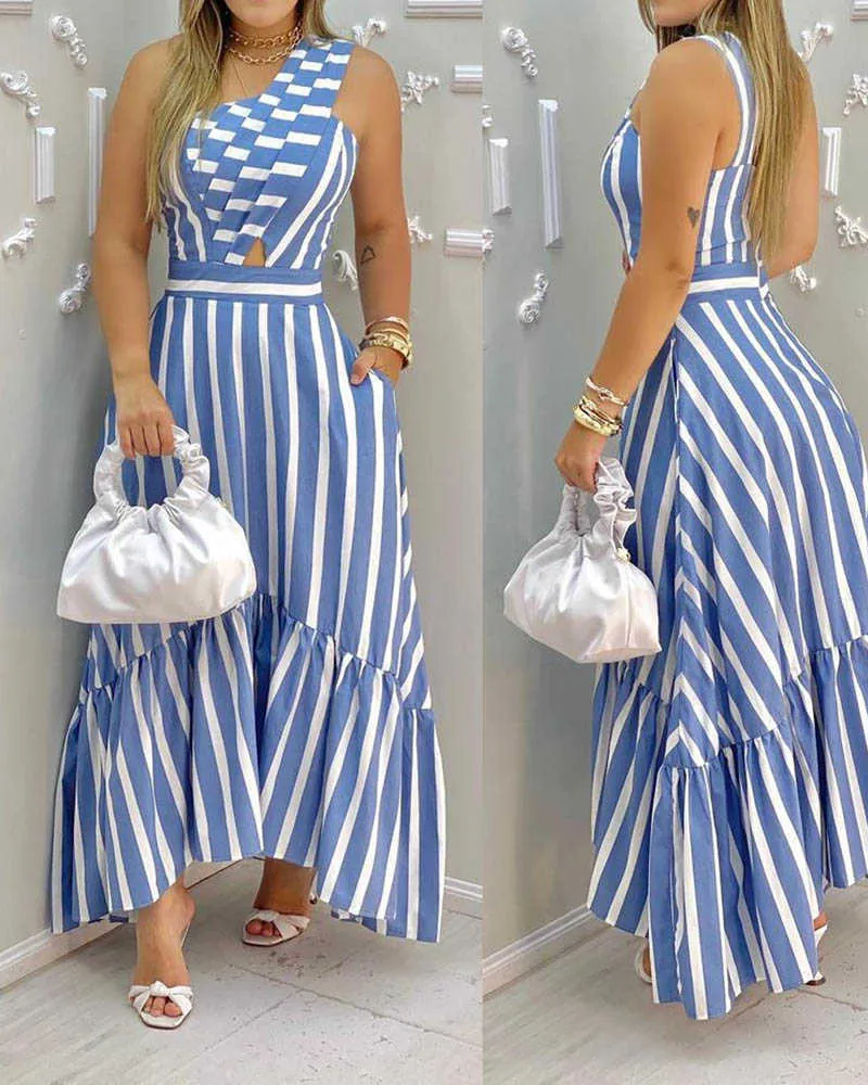 Summer Elegant One Shoulder Striped Colorblock SleevelAsymmetric High Waist Casual Maxi Dresses Fashion Sexy Skinny Robes X0529
