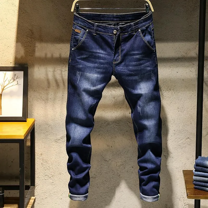 Mäns Jeans 7-Färg Ungdom Slim Stretch 2021 Höst Classic Style Brand monterad Blå Vit Khaki Grå Grön