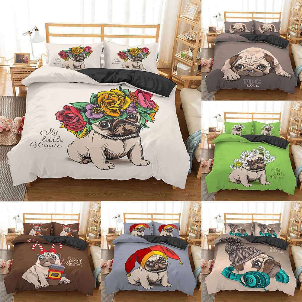 Homesky Puppy Pug Bedding Set 2/3 st Cute Dog Duvet Cover Lovely Pattern Quilt och Pillowcase Bed 210615