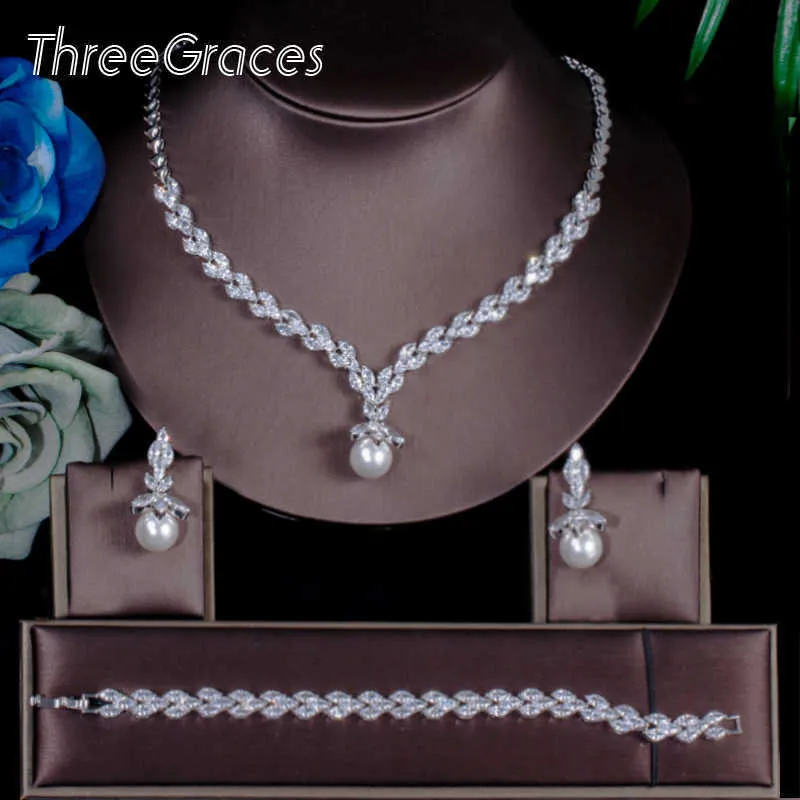 ThreeGraces Classic Marquise Shape Cubic Zirkoon Crystal Drop Pearl Armband Oorbellen Ketting Bruids Sieraden Sets Bruiloft JS240 H1022