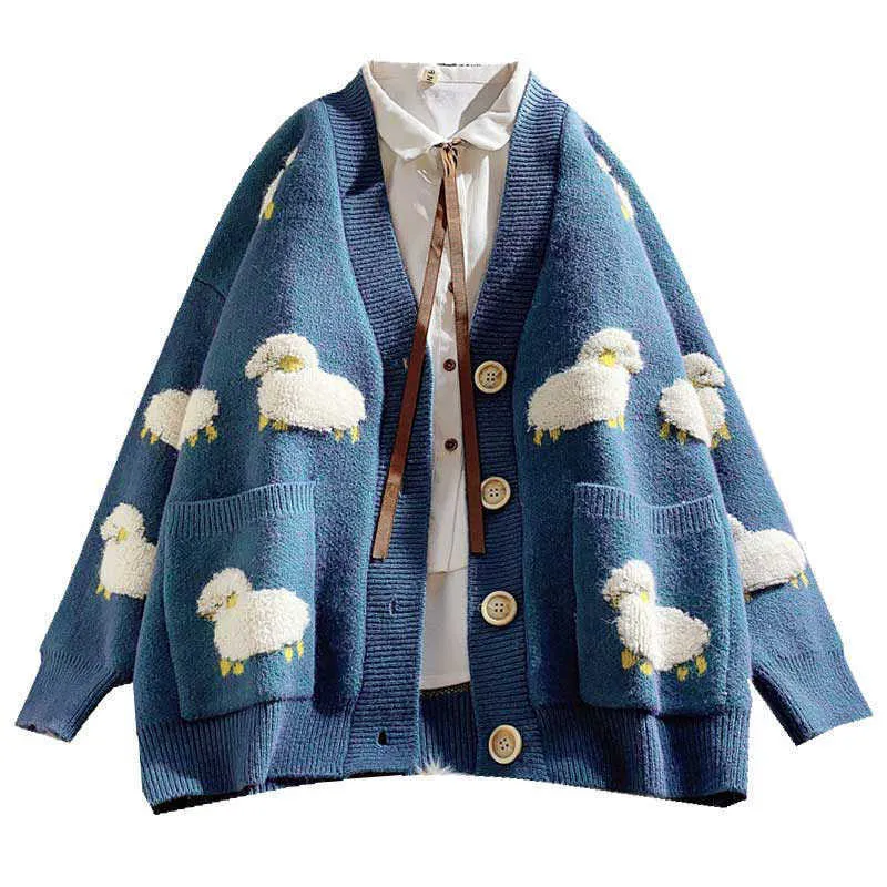 가을 겨울 스웨터 여성 카디건 패션 캐주얼 V 목 긴 소매 단추 느슨한 outwear 게으른 소프트 귀여운 양고기 인쇄 210526