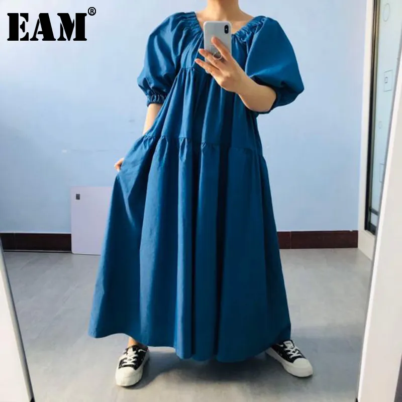 [EAM] Women Blue Brief Long Big Size Denim Dress Round Neck Half Sleeve Loose Fit Fashion Spring Summer 1U749 21512