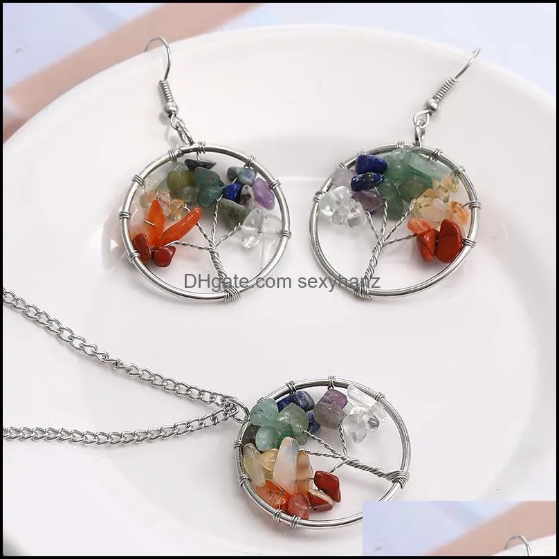WOJIAER Jewelry Sets Tourmaline Stone Chip Tree of Life Pendant Antique Copper Wire Wrap Round Pendants Necklace Earrings Women 134 W2