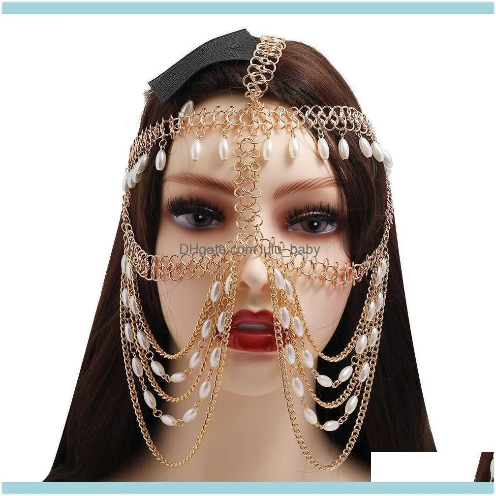 Multi Layer Pearl Tassel Head Chain Cover Face Headpiece Jewelry for Women Luxury Metal Forehead Headband Hair Headdress