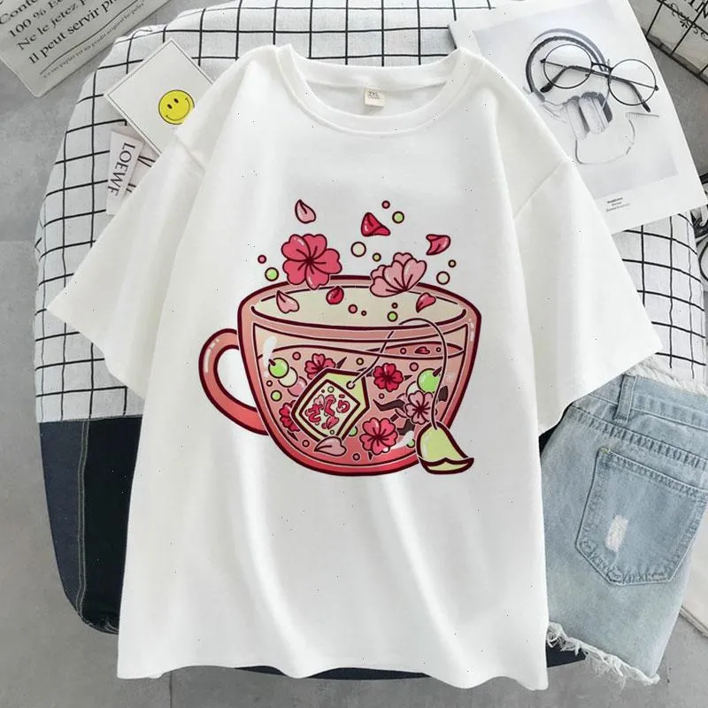 Tee Tasse Grafik Druck Frauen T-shirt Blusas Frauen Harajuku Ästhetischen Weiß Top Casual Sommer Mode Y2k Weibliche T Shirt