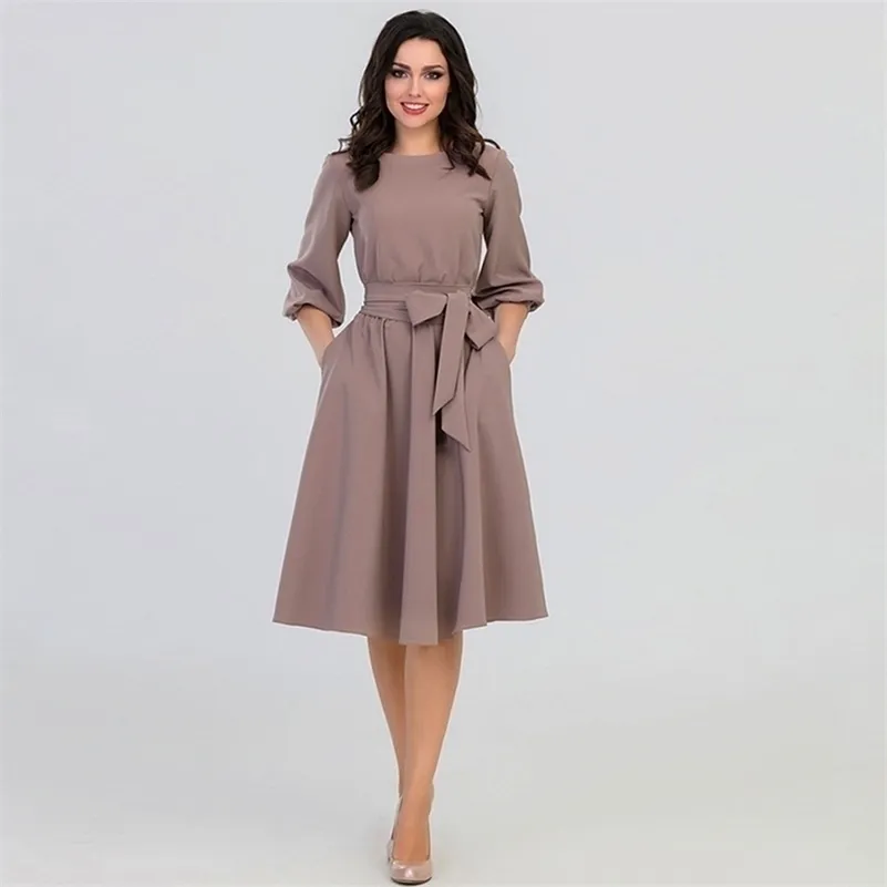 QRWR été automne femmes robe couleur unie taille haute une ligne dames robes mi-longues décontracté manches bouffantes Vintage robe femmes 210630