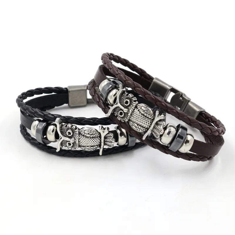 Braccialetti con ciondoli gufo in argento antico Tessuto Braccialetti in pelle avvolgente multistrato Bracciale rigido Polsino Donna Uomo Gioielli di moda Nero Marrone volontà e sabbia