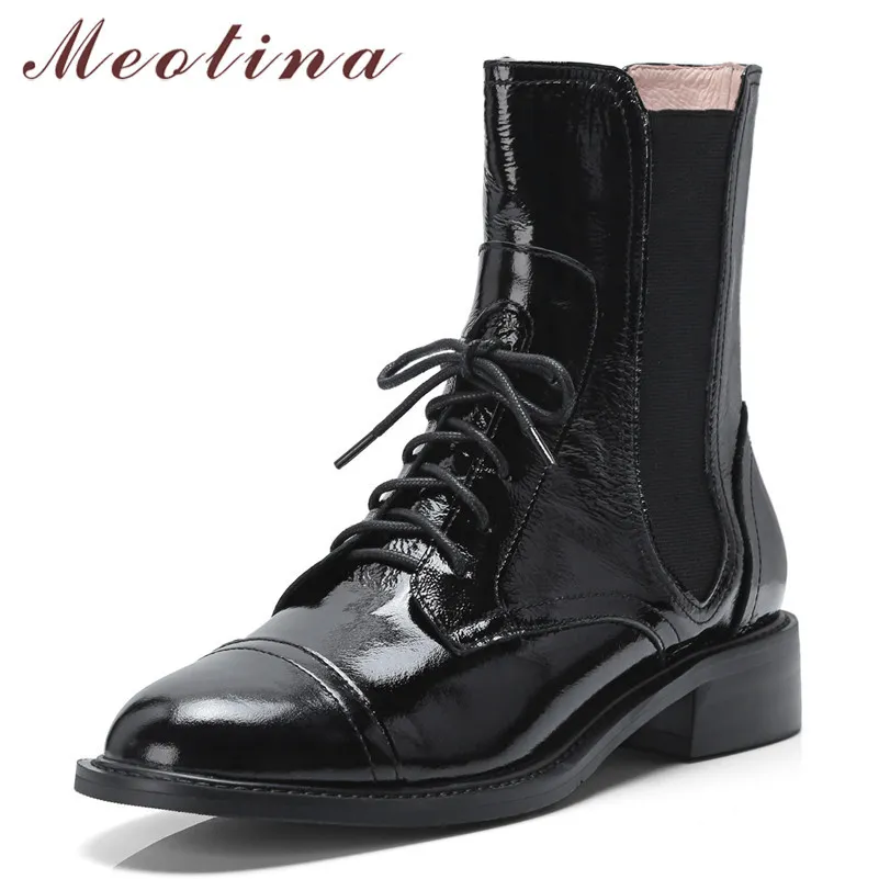 Automne bottines femmes en cuir véritable naturel talon épais court mode chaussures à lacets dame noir printemps taille 39 210517