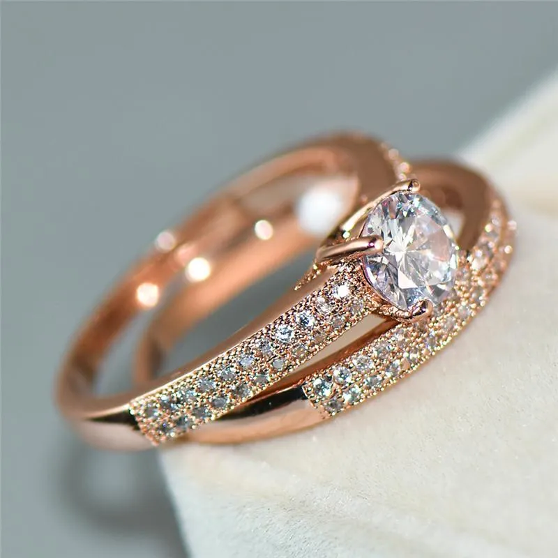 Luxury Female Crystal Zircon Wedding Ring Set 18KT Rose Gold Filled Fashion Jewelry Promise Love Engagement Rings For Women Band