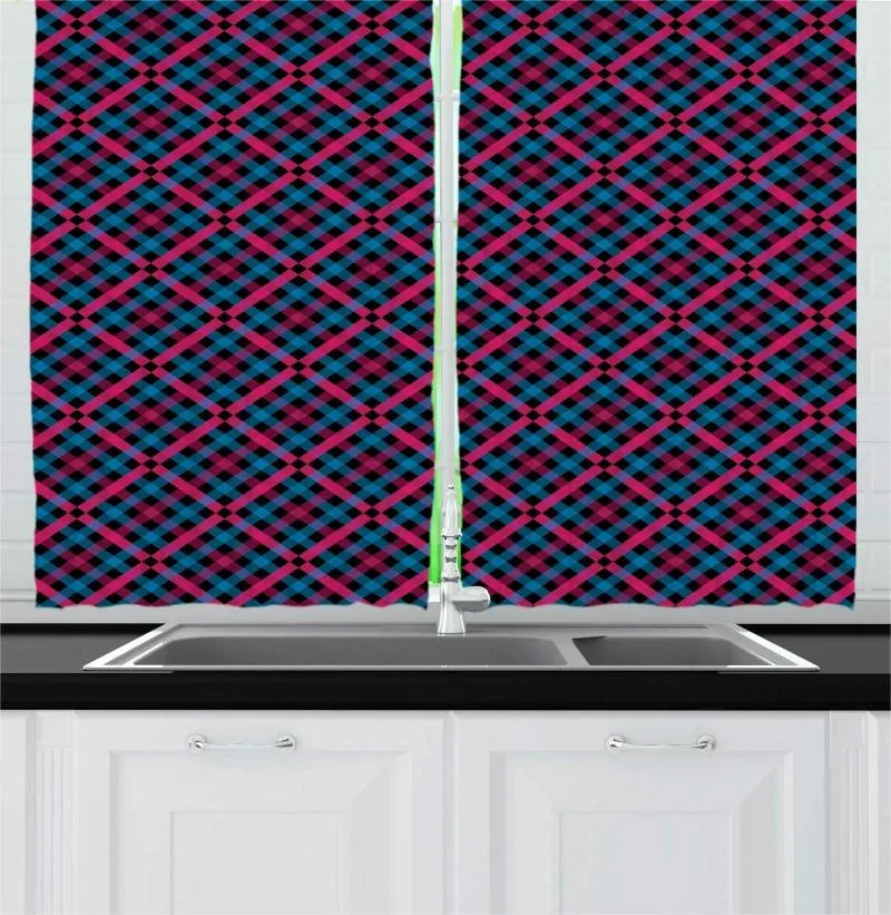 Vorhang-Vorhänge, Meeresblau, Magenta, Rosa, Gingham-Karo, Küchenvorhänge, schottischer Stil, Tartan-inspiriert, diagonales Layout für Café-Dekoration