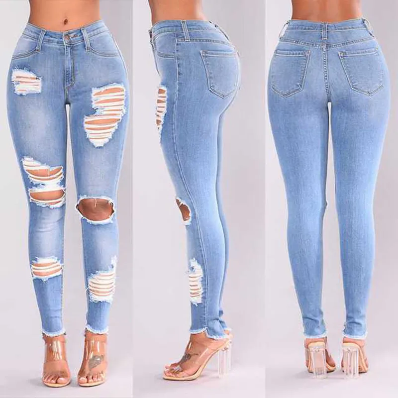 Jeans da donna Celebrity straniera vestibilità slim con fori Nappe per l'esportazione Pantaloni skinny per la bocca del piede Commercio online