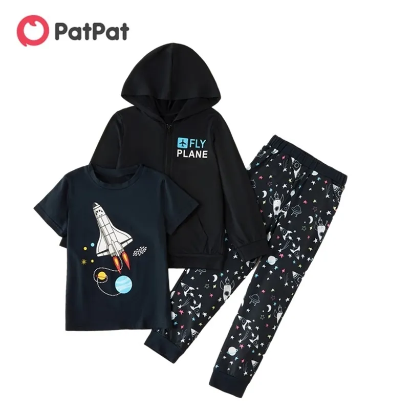 Llegada Primavera y verano 3 piezas Niños Boy Spaceship Sudadera Tee Pantalones Set 210528