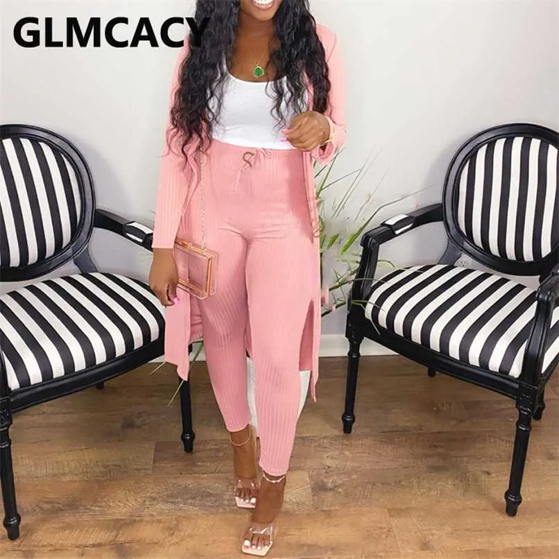 Women Ribbed Cardigan and Drawstring Casual Pants Set Two Piece Solid Fall Suits 210930