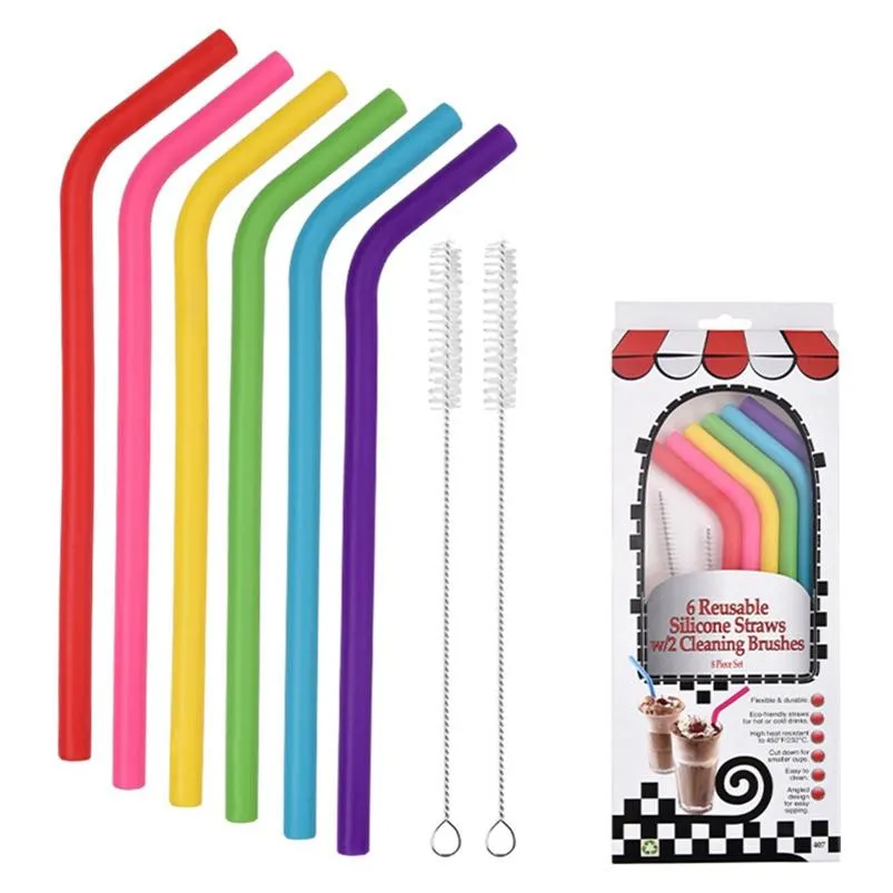 6pcs+2brush/set 23CM Candy Colors Silicone Straw Reusable Folded Bent Straight Straw Home Bar Accessory Silicone Tube
