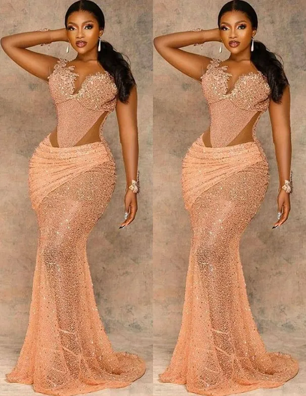 2021 Plus Size Arabic Aso Ebi Mermaid Gold Lace Prom Dresses Sheer Neck Beaded Evening Formal Party Second Reception Gowns Dress ZJ217