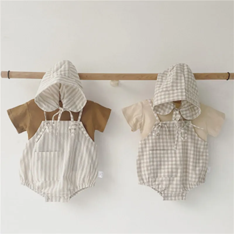 Sommar baby kläder födda pojkar solid tee och plaid bodysuits med hatt spädbarn flicka kläder sätter 210429