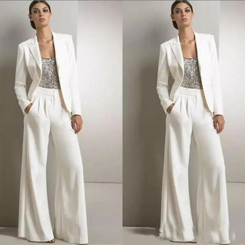 Elegante tre pezzi madre della sposa pantaloni tuta maniche lunghe donna blazer bianco abito da sposa sposo sposo mamma formale abiti da sera del partito 2022