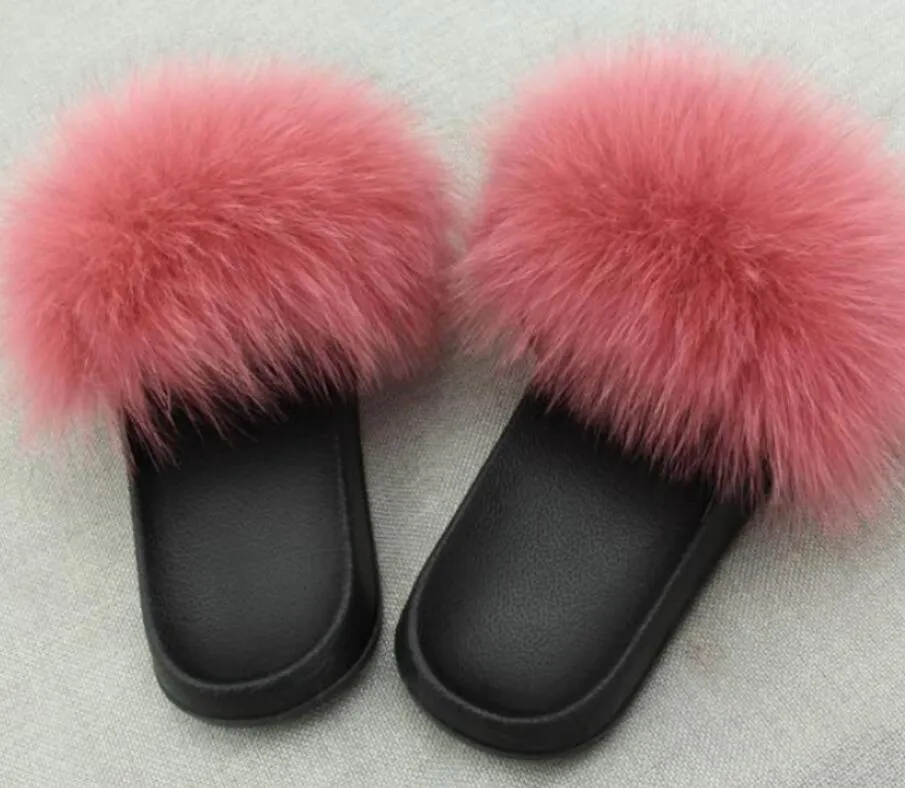 Real Fur Slippers Slides Shoes Pink Color Furry Fuffly Slipper