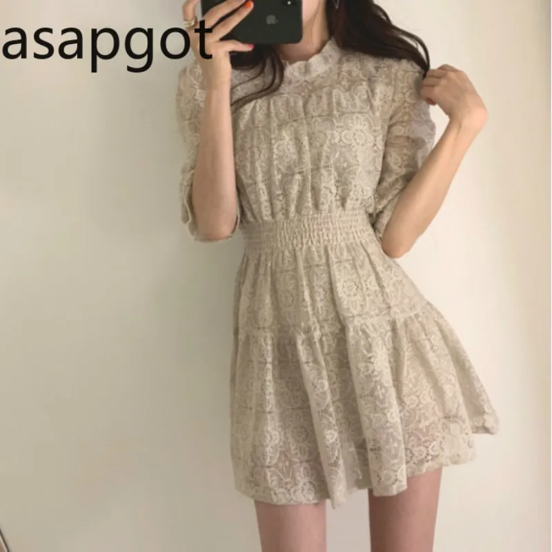 Korean Vintage Sweet Black Lace Dress Short Elegant Sleeve Slim High Waist Summer Clothes for Women Vestidos 210429