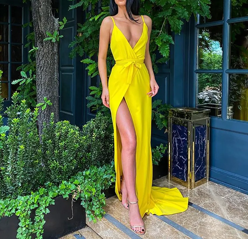 Vestido De Noche Largo De Chifón Sencillo 2021 Con Abertura Lateral Y  Escote En V, Vestido Amarillo De Noche, Vestidos De Fiesta De Graduación,  Vestidos Para Ocasiones Especiales De 34,95 €