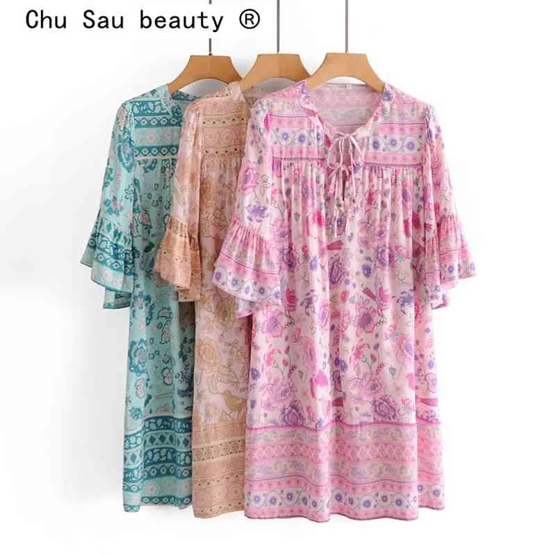 ファッション夏の渤海スタイルシックな花のプリントMidi Dress女性の休日のVネック緩い半袖ドレス女性vestidos 210508