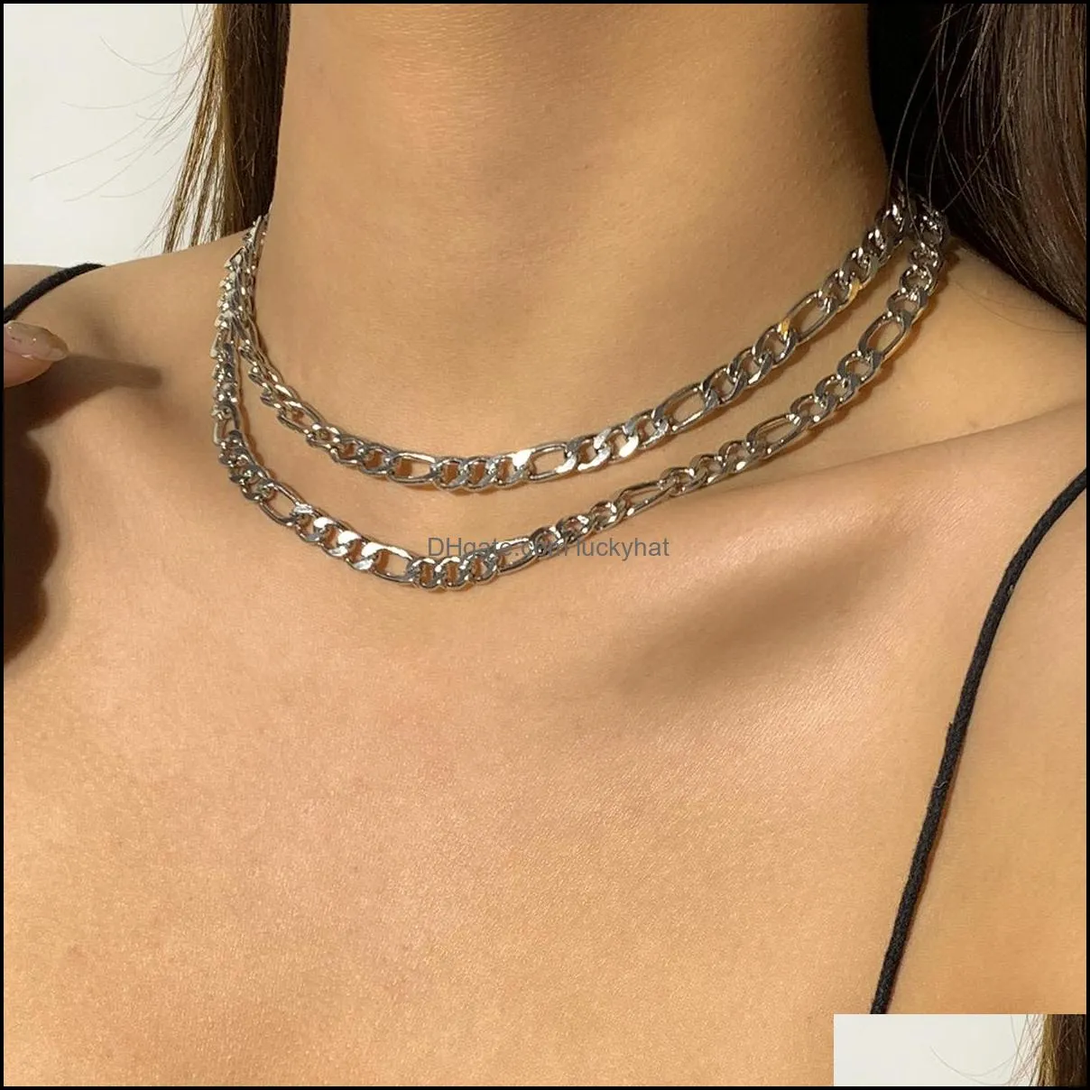 2Pcs/Set Fashion Multi-layered Chain Necklace for Women Steampunk Vintage Punk Goth Link Choker Necklaces Neck Jewelry Gifts