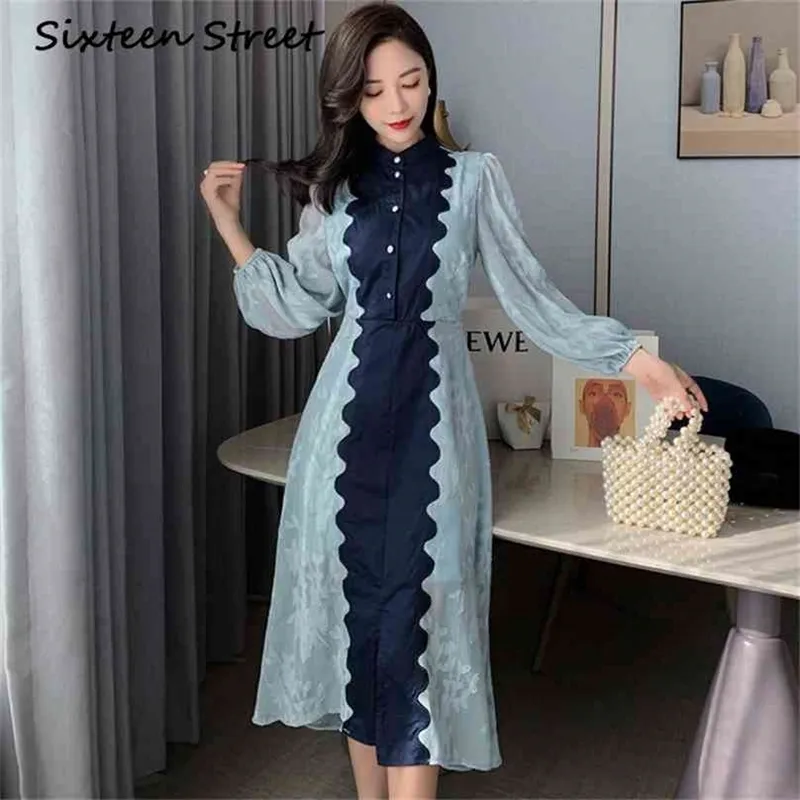 Kvinna klänning vårblå patchwork lång lykta ärm chic vintage klänning kvinnlig singel-breasted vestidos 210603
