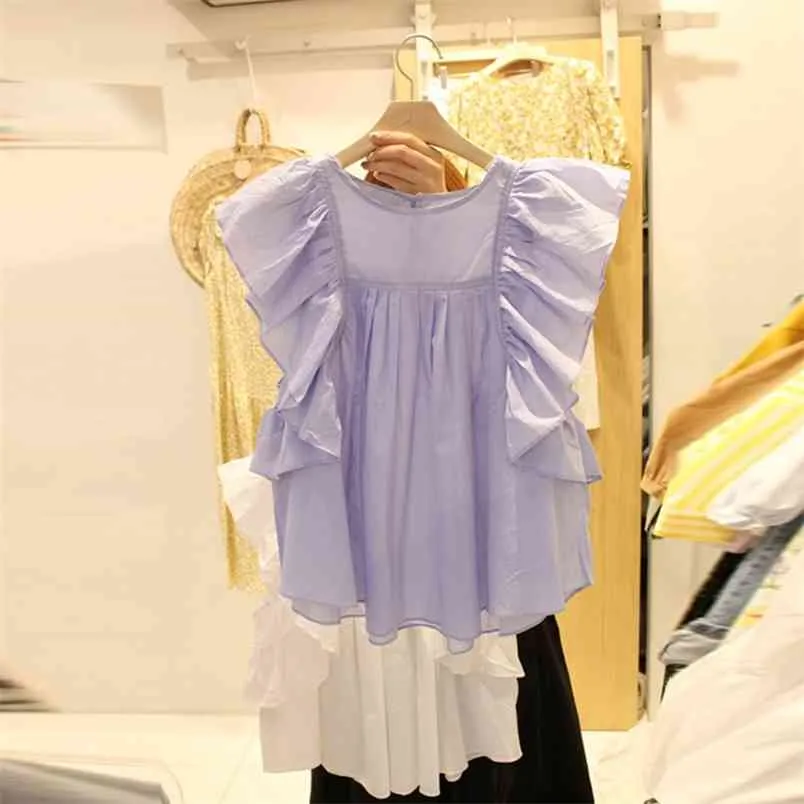 Lato Koreański Styl Piękne Ruffles Rękawy o Neck Shirt Damska Bluzka Koszule A2453 210428