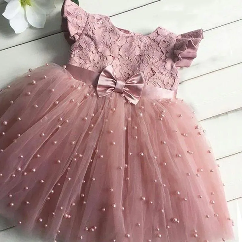 Tjejklänningar Baby Girl Dress Lace Flower 1st Birthday Beading Born Chopening Gown Infant Party Princess Pink Vestidos