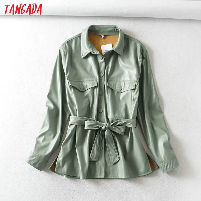 Tangada – veste en simili cuir vert clair pour femme, manteau avec ceinture, manches longues, ample, surdimensionné, garçon, ami, 6A125