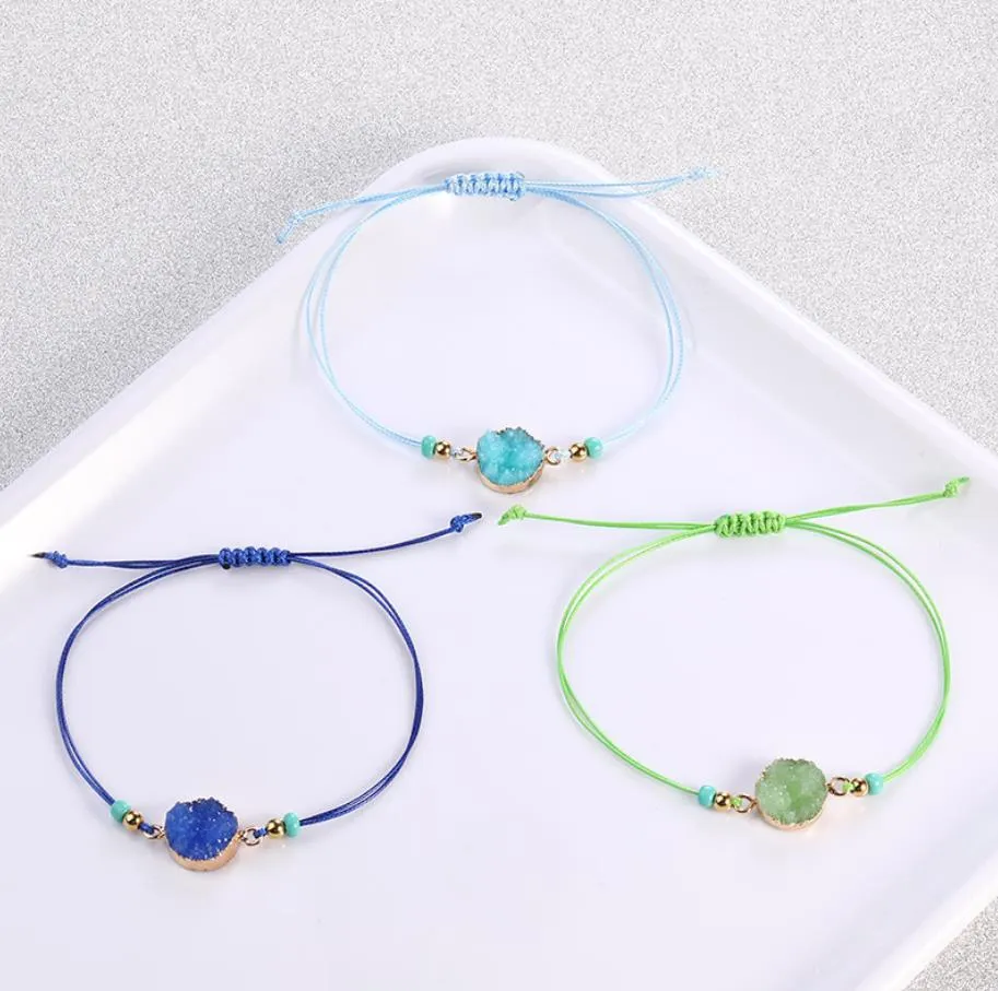 Handmade Druzy Resin Stone Bracelet Make A Wish Card Wax Rope Braided Bracelets Bangles With Rice Bead