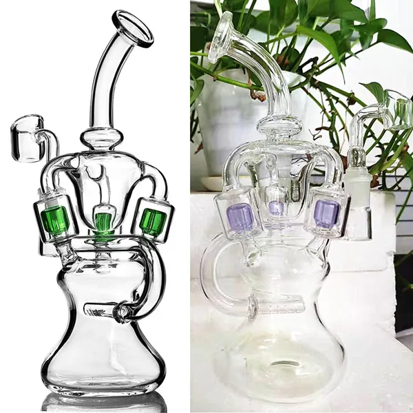 P Sungar Handmade Hookah Green Purple Blue Recycler Bongs Oil Rig Bong Glass Smoking Dab Rigs 14.4 mm Joint 9.3 inch